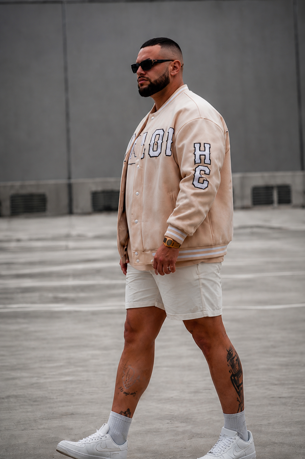 BEIGE VARSITY BOMBER JACKETS