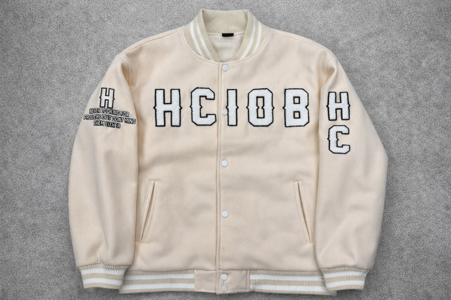 BEIGE VARSITY BOMBER JACKETS