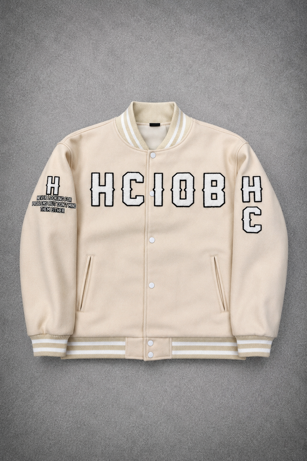 BEIGE VARSITY BOMBER JACKETS